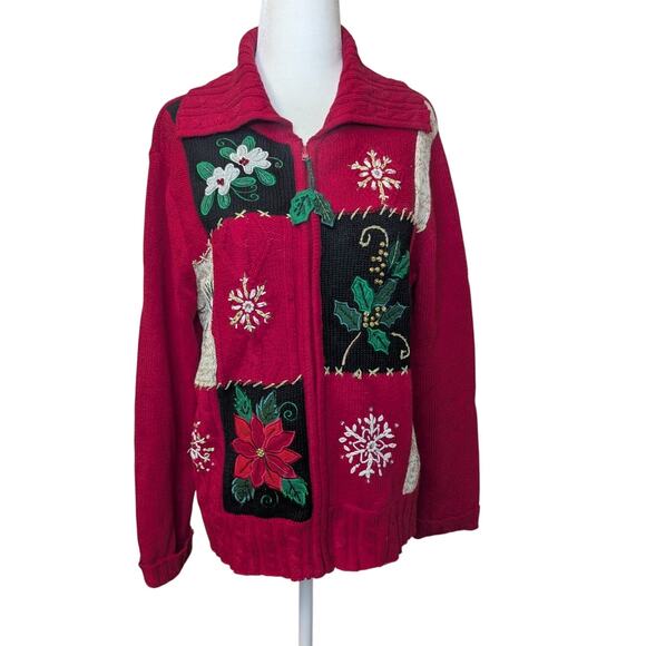 Vintage Tiara International red beaded holiday Christmas sweater cardigan size M - Picture 1 of 10